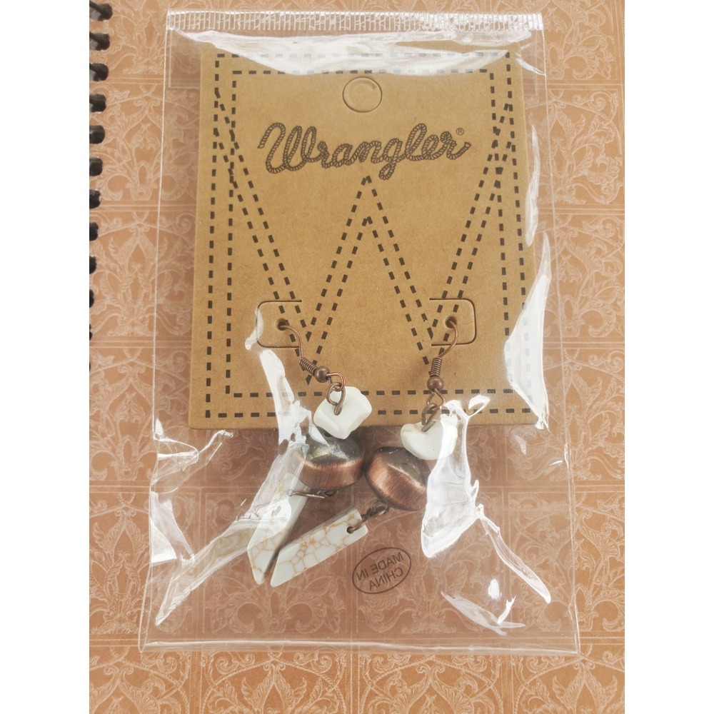 Wrangler Earrings,new with tags,lite weight, White Stone and Brass Beads